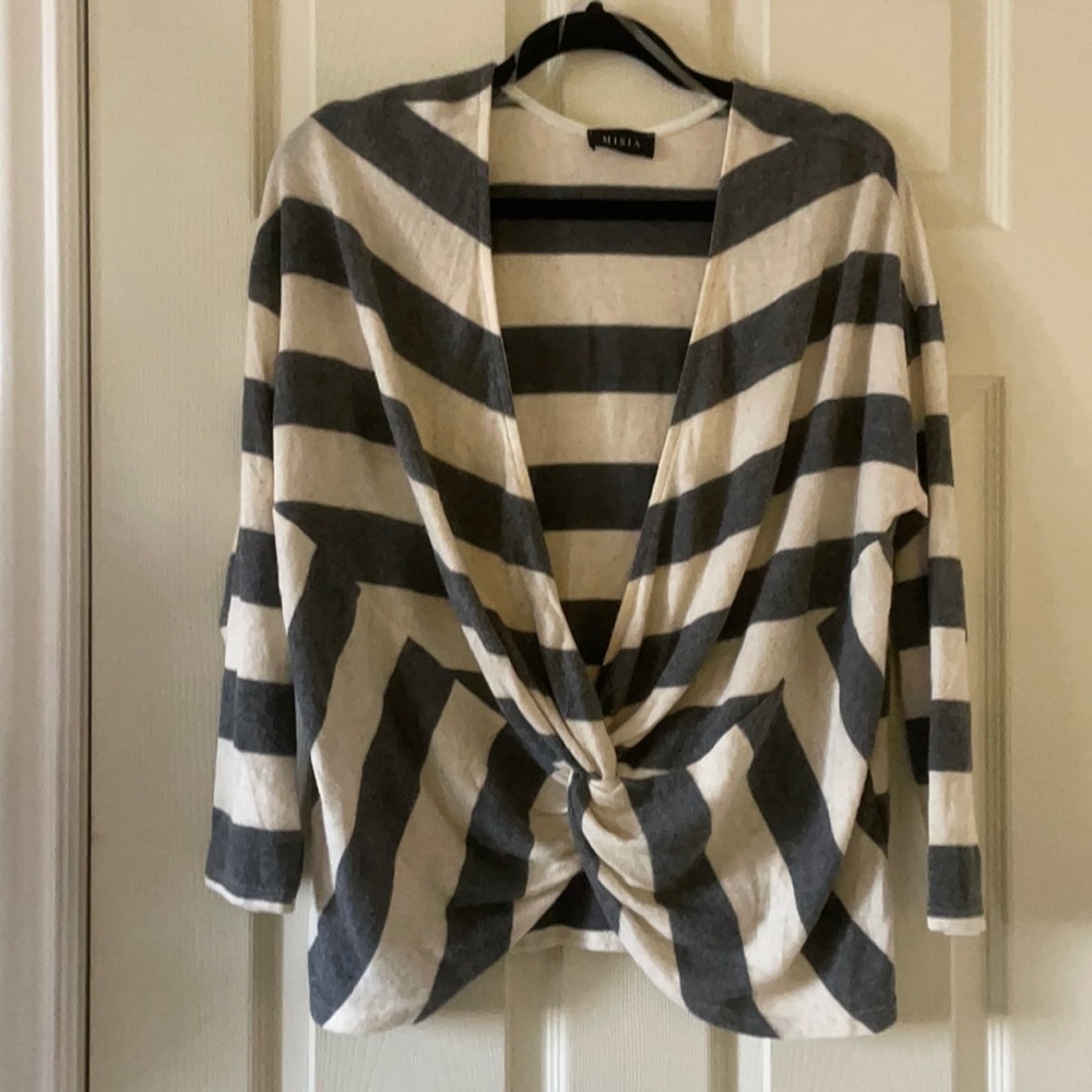 Misia fuzzy striped sweater top knotted minimalist